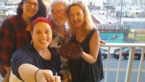 Remember my last blog about waffles on vacation? Well here we are with the brownie waffle I made, just before we shared it. Front: Jae; Back l to r: Jardin, Stan, me.